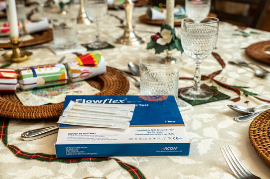 Morgantown, WV - 25 December 2021: Flowflex Covid-19 antigen tests in box on table ready for tests of guests for the coronavirus at Christmas