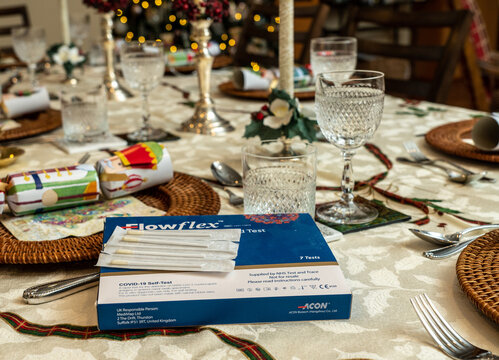Morgantown, WV - 25 December 2021: Flowflex Covid-19 antigen tests in box on table ready for tests of guests for the coronavirus at Christmas