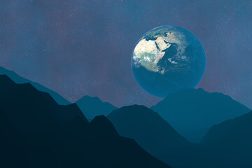 Vue de la planète terre depuis une planète inconnue. Paysage de montagne. Image fantastique futuriste. Les éléments de cette image sont fournis par le rendu NASA.3D.