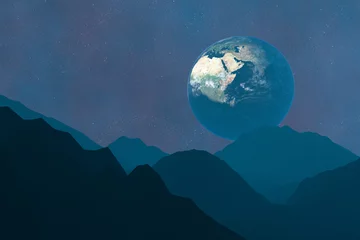 Foto op Plexiglas anti-reflex Volle maan en bomen Uitzicht op de planeet aarde vanaf een onbekende planeet. Berglandschap.Futuristische fantastische afbeelding.Elementen van deze afbeelding worden geleverd door NASA.3D-rendering.