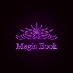 Vector illustration of an open book glows with a neon purple color, the inscription is a magic book with a neon effect. Neon objects signs logo