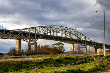 The steel span of the Burlington skyway bridge carrying the Queen ELizabeth Way (QEW) through Hamilton, Ontario