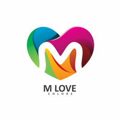initial m letter heart love 3d color shape logo design