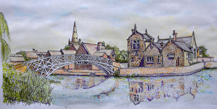 Ink and Watercolour Pointillist Style painting of The Chinese Bridge  and Causeway at Godmanchester  Cambridgeshire.
