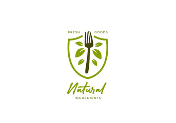 Organic natural fresh ingredients food logo with fork and leaves icon