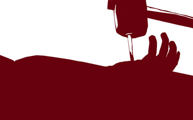 Red silhouette close-up of Jesus Christ being crucified on the cross at Calvary. - obrazy, fototapety, plakaty