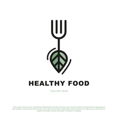 Creative healthy food logo design. Fork and leaf vector illustration