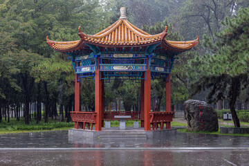 A pavilion in the rain in the park