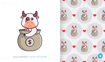 Seamless pattern with cartoon cow on white background. Can be used on packaging paper, cloth and others.