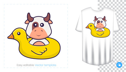 Cute cow character. Prints on T-shirts, sweatshirts, cases for mobile phones, souvenirs. Isolated vector illustration on white background.