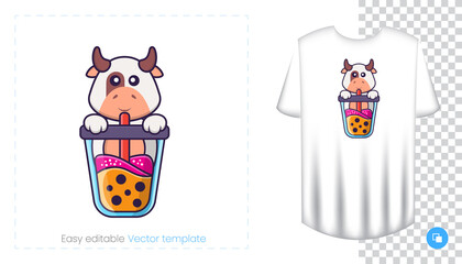 Cute cow character. Prints on T-shirts, sweatshirts, cases for mobile phones, souvenirs. Isolated vector illustration on white background.