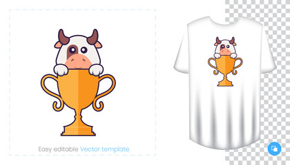Cute cow character. Prints on T-shirts, sweatshirts, cases for mobile phones, souvenirs. Isolated vector illustration on white background.