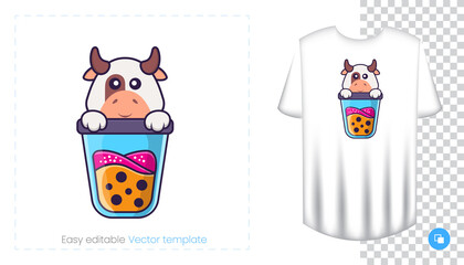 Cute cow character. Prints on T-shirts, sweatshirts, cases for mobile phones, souvenirs. Isolated vector illustration on white background.