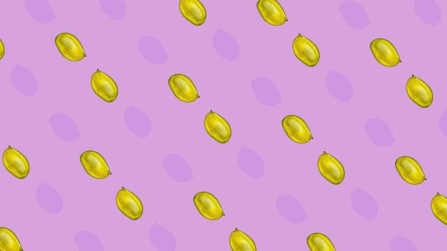 Colorful pattern of fresh mango on pink background. Top view. Seamless pattern with mango. Pop art design. Realistic animation. 4K video motion