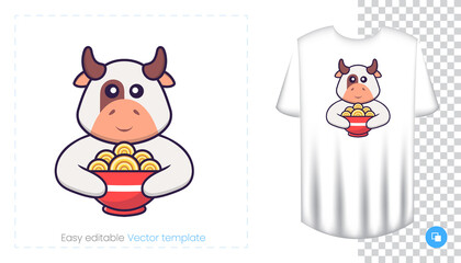Cute cow character. Prints on T-shirts, sweatshirts, cases for mobile phones, souvenirs. Isolated vector illustration on white background.