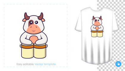 Cute cow character. Prints on T-shirts, sweatshirts, cases for mobile phones, souvenirs. Isolated vector illustration on white background.