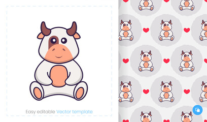 Seamless pattern with cartoon cow on white background. Can be used on packaging paper, cloth and others.