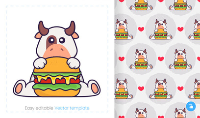 Fototapeta premium Seamless pattern with cartoon cow on white background. Can be used on packaging paper, cloth and others.