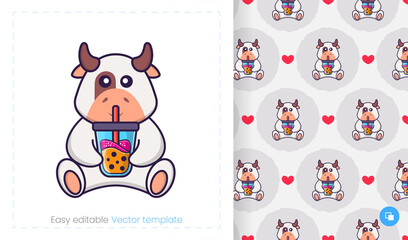 Seamless pattern with cartoon cow on white background. Can be used on packaging paper, cloth and others.