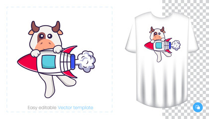 Cute cow character. Prints on T-shirts, sweatshirts, cases for mobile phones, souvenirs. Isolated vector illustration on white background.