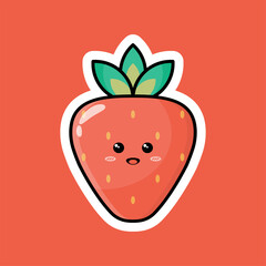 Cute fruit cartoon character with happy smiling expression. Flat vector design, clip art with cheerful face. Good for business promotion icons, mascots or stickers. Illustration of red strawberries.