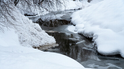 Mountain stream makes its way through the snowy channel