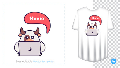 Cute cow character. Prints on T-shirts, sweatshirts, cases for mobile phones, souvenirs. Isolated vector illustration on white background.