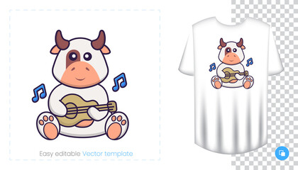 Cute cow character. Prints on T-shirts, sweatshirts, cases for mobile phones, souvenirs. Isolated vector illustration on white background.