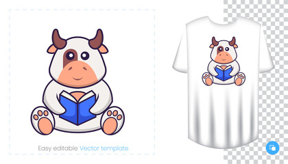 Cute cow character. Prints on T-shirts, sweatshirts, cases for mobile phones, souvenirs. Isolated vector illustration on white background.