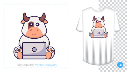 Cute cow character. Prints on T-shirts, sweatshirts, cases for mobile phones, souvenirs. Isolated vector illustration on white background.