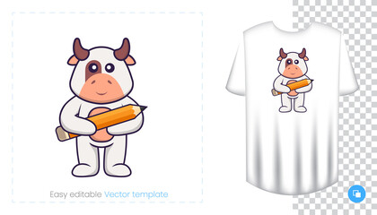 Cute cow character. Prints on T-shirts, sweatshirts, cases for mobile phones, souvenirs. Isolated vector illustration on white background.