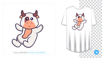 Cute cow character. Prints on T-shirts, sweatshirts, cases for mobile phones, souvenirs. Isolated vector illustration on white background.