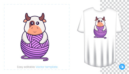 Cute cow character. Prints on T-shirts, sweatshirts, cases for mobile phones, souvenirs. Isolated vector illustration on white background.