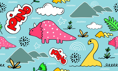 Cute seamless pattern with varied dinosaurs, mountains, volcanoes, leaves, clouds. Baby Vector Illustration in scandinavian style. Creative childish background for fabric