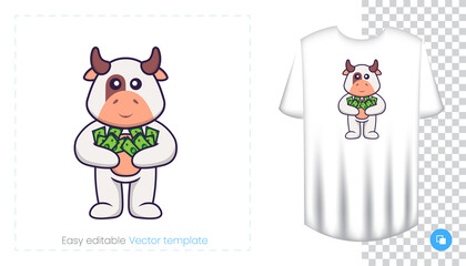 Cute cow character. Prints on T-shirts, sweatshirts, cases for mobile phones, souvenirs. Isolated vector illustration on white background.