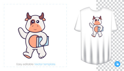 Cute cow character. Prints on T-shirts, sweatshirts, cases for mobile phones, souvenirs. Isolated vector illustration on white background.