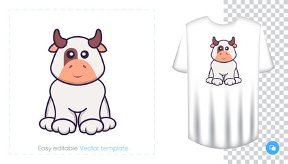Cute cow character. Prints on T-shirts, sweatshirts, cases for mobile phones, souvenirs. Isolated vector illustration on white background.