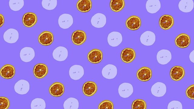 Colorful pattern of dried grapefruit slices on purple background. Seamless pattern with dried grapefruit chips. Pop art design. Realistic animation. 4K video motion