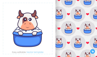 Seamless pattern with cartoon cow on white background. Can be used on packaging paper, cloth and others.