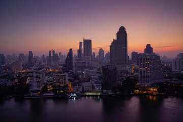 Bangkok Skyline from Thonburi side of the Chao Phraya River at Sunrise 