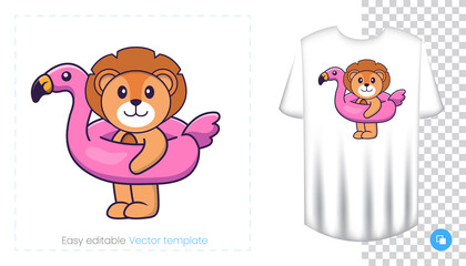 Cute lion character. Prints on T-shirts, sweatshirts, cases for mobile phones, souvenirs. Isolated vector illustration on white background.