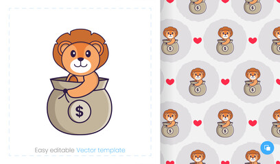 Seamless pattern with cartoon lion on white background. Can be used on packaging paper, cloth and others.