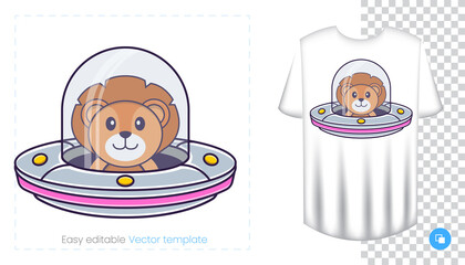 Cute lion character. Prints on T-shirts, sweatshirts, cases for mobile phones, souvenirs. Isolated vector illustration on white background.