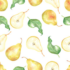 Yellow pear and leaves watercolor pattern