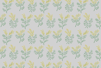 ミモザの規則的な花柄のグレー背景の壁紙
