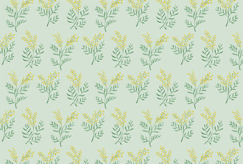 ミモザの規則的な花柄の緑背景の壁紙
