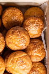 Top view on corn bread muffins for breakfast - Baked cornbread pone fresh organic vegetarian food - Healthy eating traditional cuisine concept