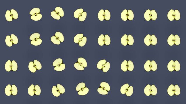Colorful pattern of fresh apples. Top view. Seamless pattern with apple sliced. Pop art design. Realistic animation. 4K video motion
