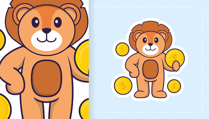 Cute lion mascot character. Can be used for stickers, patches, textiles, paper. Vector illustration