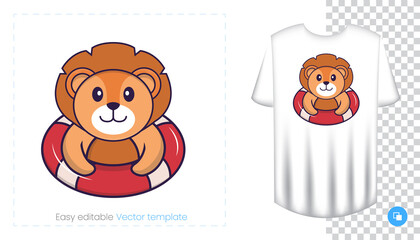 Cute lion character. Prints on T-shirts, sweatshirts, cases for mobile phones, souvenirs. Isolated vector illustration on white background.